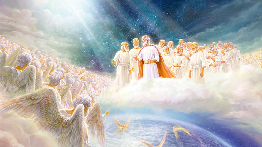 Jesús en el cielo junto a algunos de los 144.000, mirando a un incontable grupo de ángeles. Algunos ángeles se dirigen a la Tierra para cumplir sus misiones.