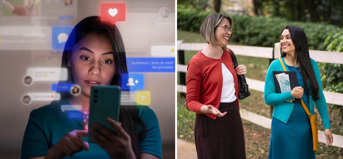 Serie de imágenes: 1. Una hermana joven mirando en su teléfono mensajes de una red social. 2. La misma joven va predicando con una hermana, ambas están sonriendo y conversando.