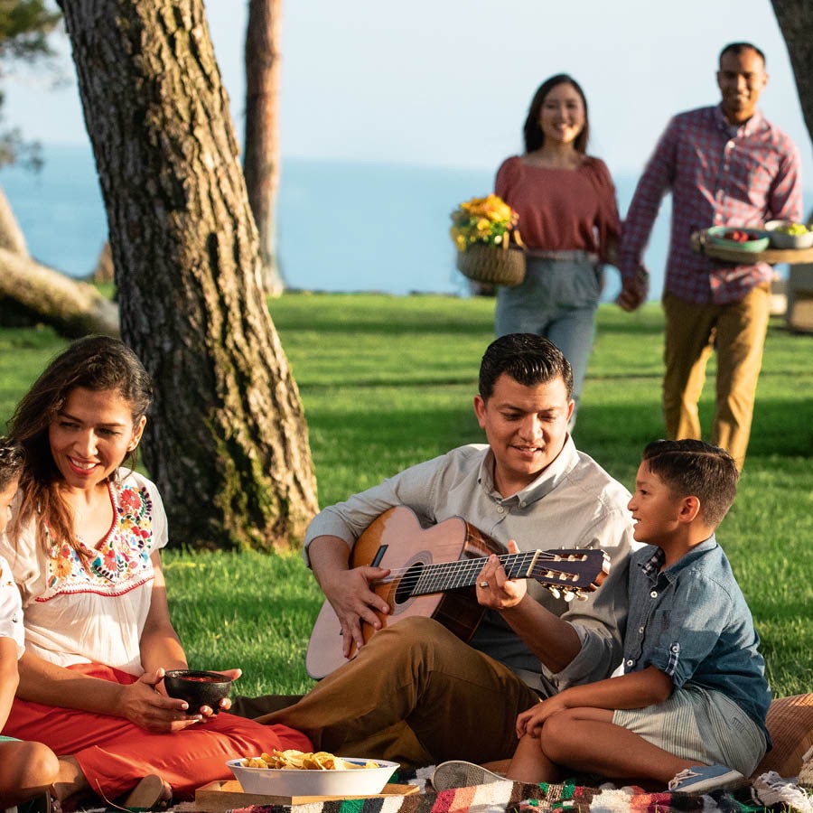 Una familia de pícnic en un parque; el padre toca la guitarra