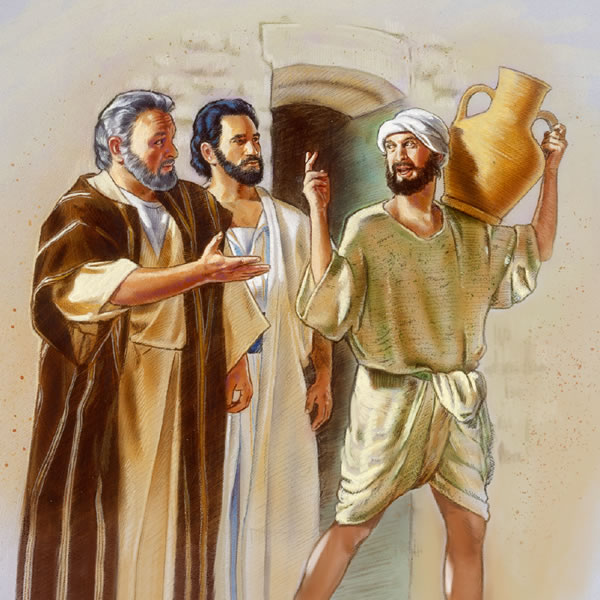Petrus en Johannes volg ’n man wat ’n waterkruik dra