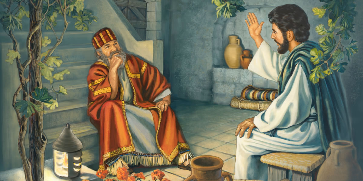 Jesus praat met Nikodemus in die nag