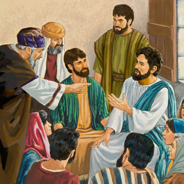 Jesus probeer met die skrifgeleerdes en Fariseërs redeneer; party wat saam met hom reis, staan en kyk