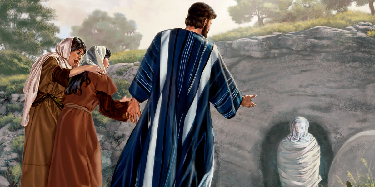 Marta en Maria kyk toe terwyl Jesus hulle broer Lasarus opwek