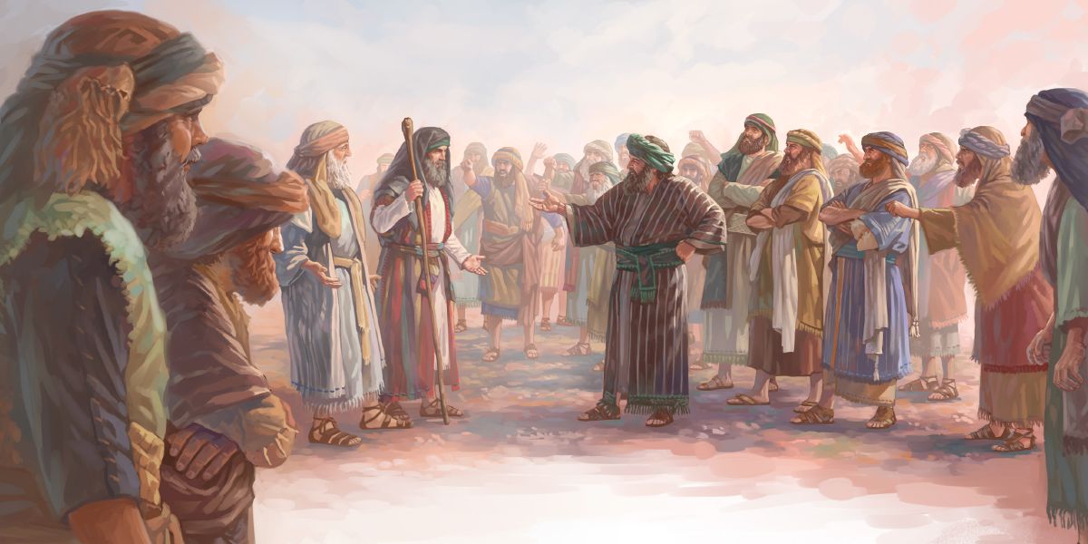 Korag en sy ondersteuners staan voor Moses en Aäron