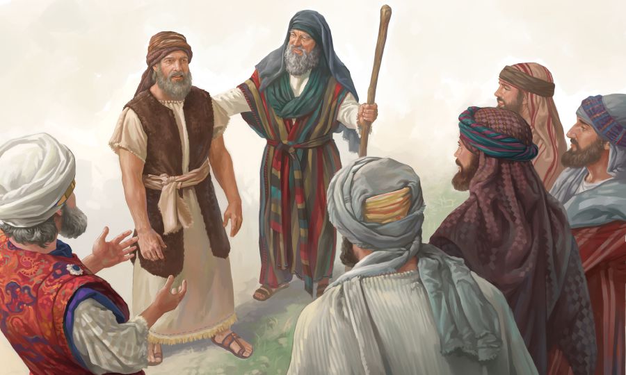 Moses stel Josua aan voor die priester en ander manne