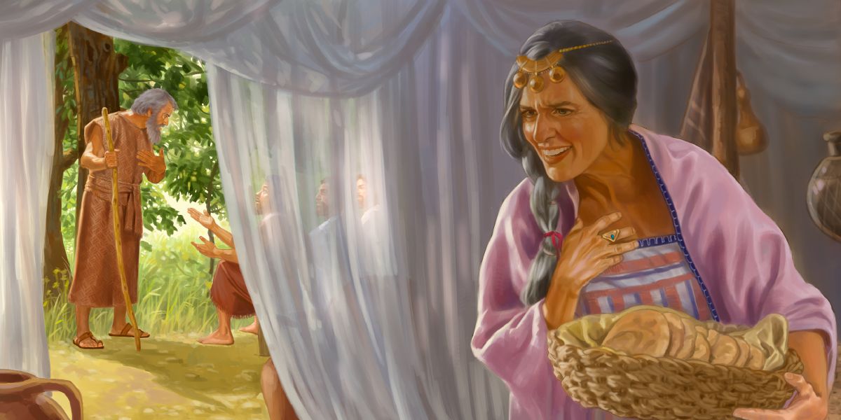 Sara luister vanuit ’n tent terwyl die engele met Abraham praat