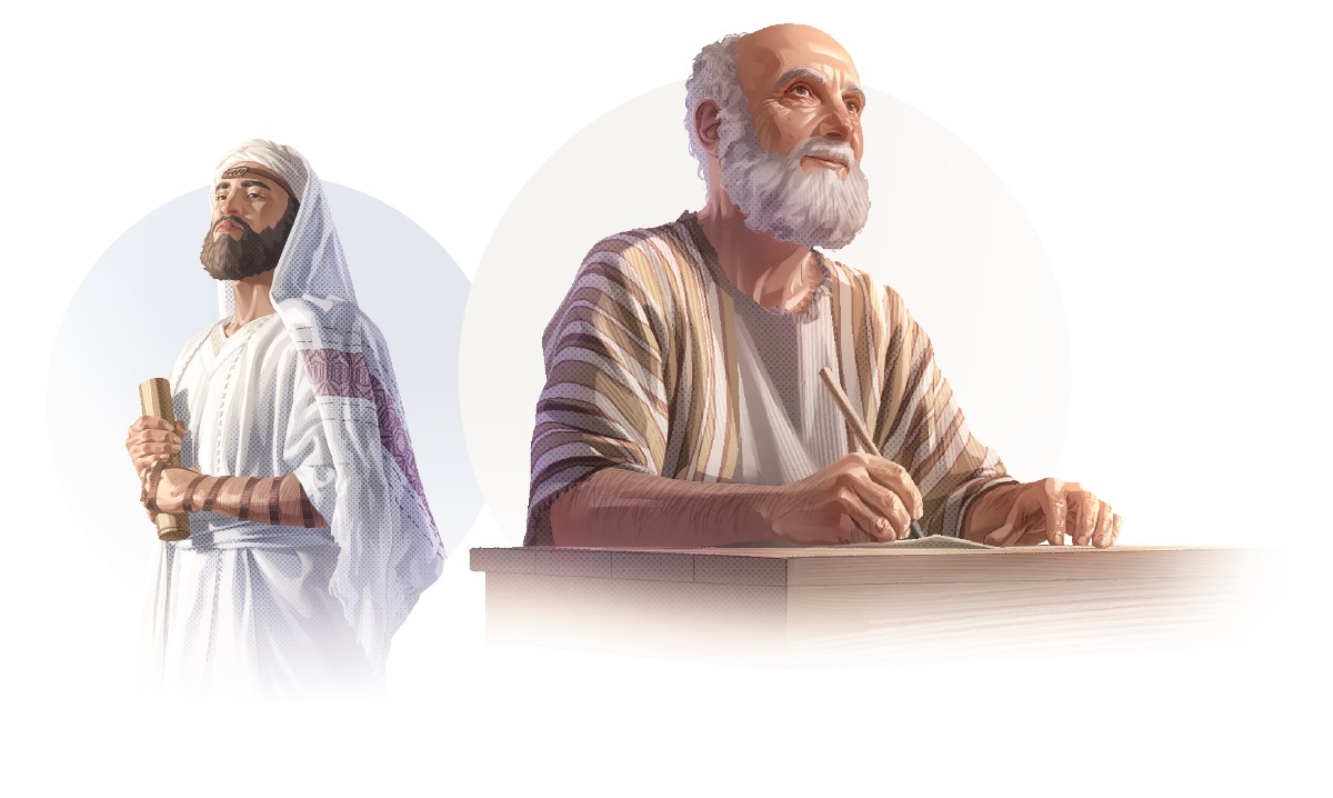 Collage: 1. Die trotse Fariseër Saulus, wat later Paulus genoem is. 2. Die lojale apostel Paulus skryf ’n brief aan mede-Christene.