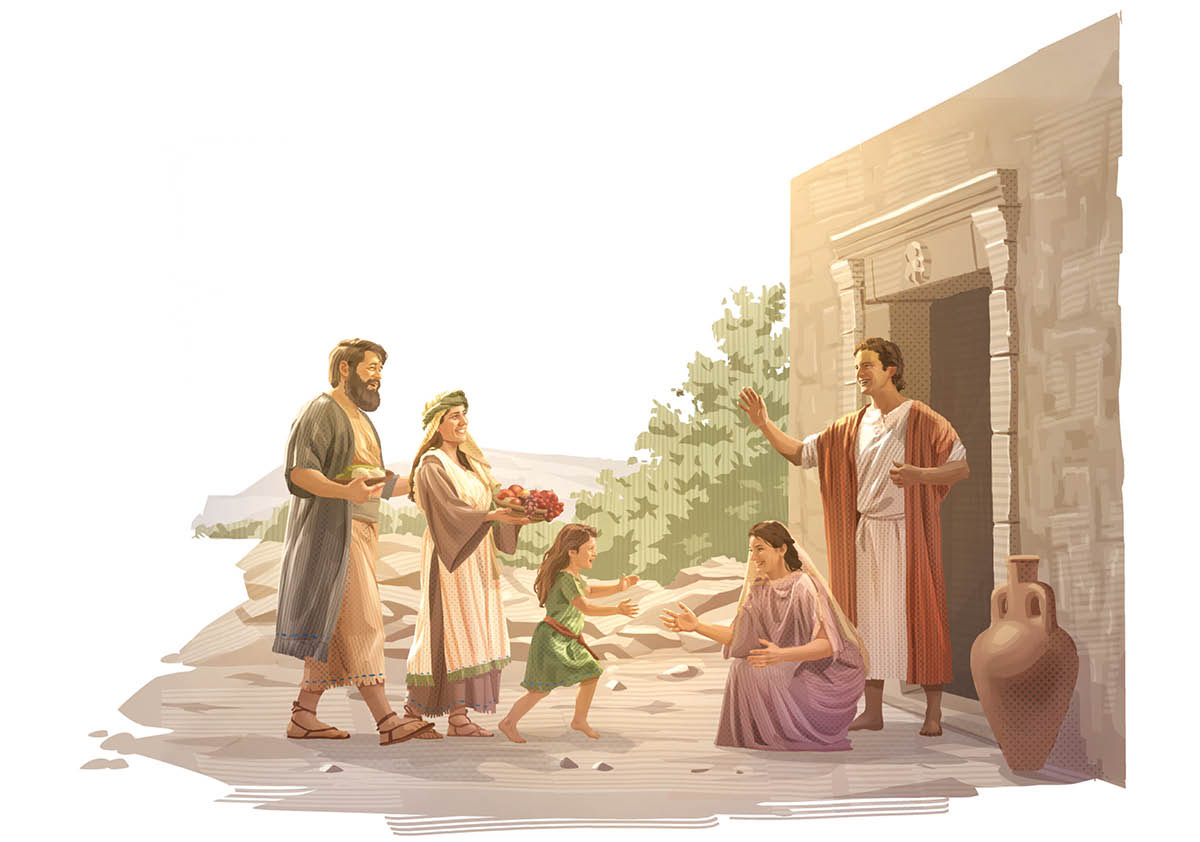 ’n Christengesin in die eerste eeu bring mandjies kos na die huis van mede-aanbidders.