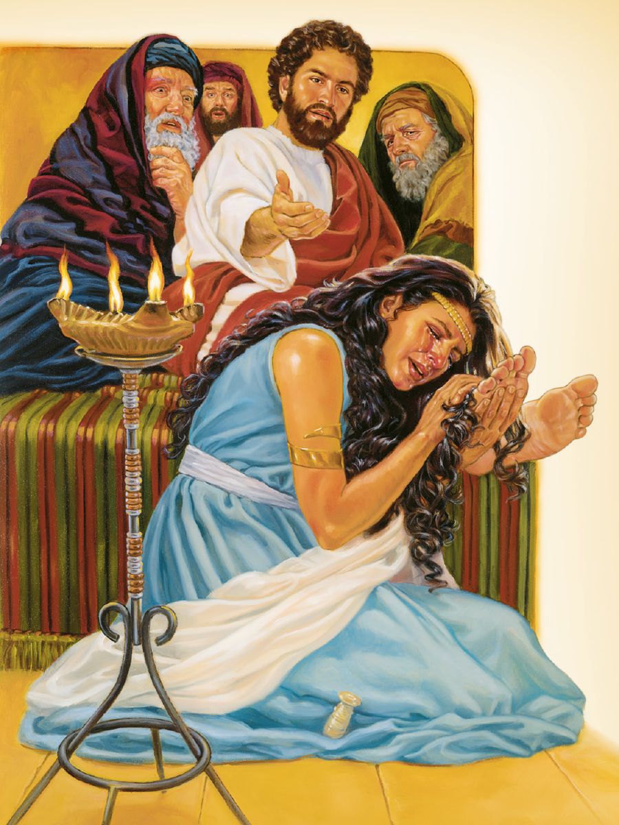Jesus vergewe ’n vrou haar sondes nadat sy olie op sy voete uitgegooi en haar trane met haar hare van sy voete afgevee het