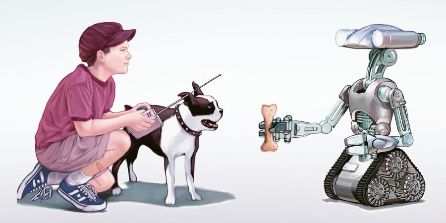 ’n Seun beheer ’n robot om vir sy hond ’n been te gee