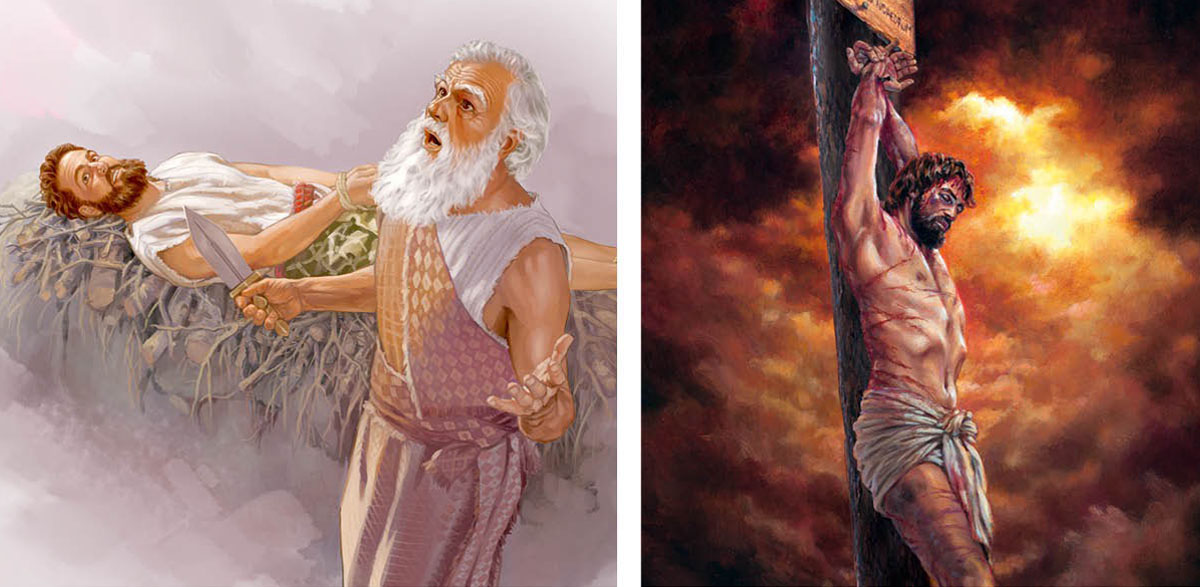 Collage: 1. Abraham hou ’n mes vas en kyk op na die hemele terwyl Isak op ’n altaar lê. 2. Jesus hang aan ’n folterpaal.