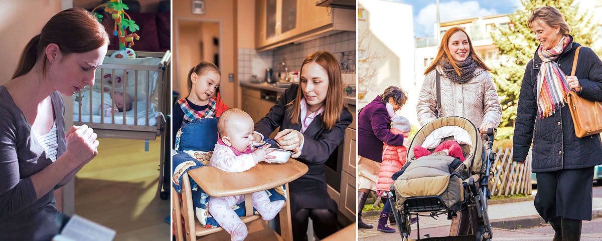 Collage: ’n Besige jong ma. 1. Sy bid voordat sy die dag begin. 2. Sy gee haar babadogtertjie kos voordat sy velddiens gaan doen. 3. Sy doen lekker velddiens saam met haar twee dogters en susters van haar gemeente.