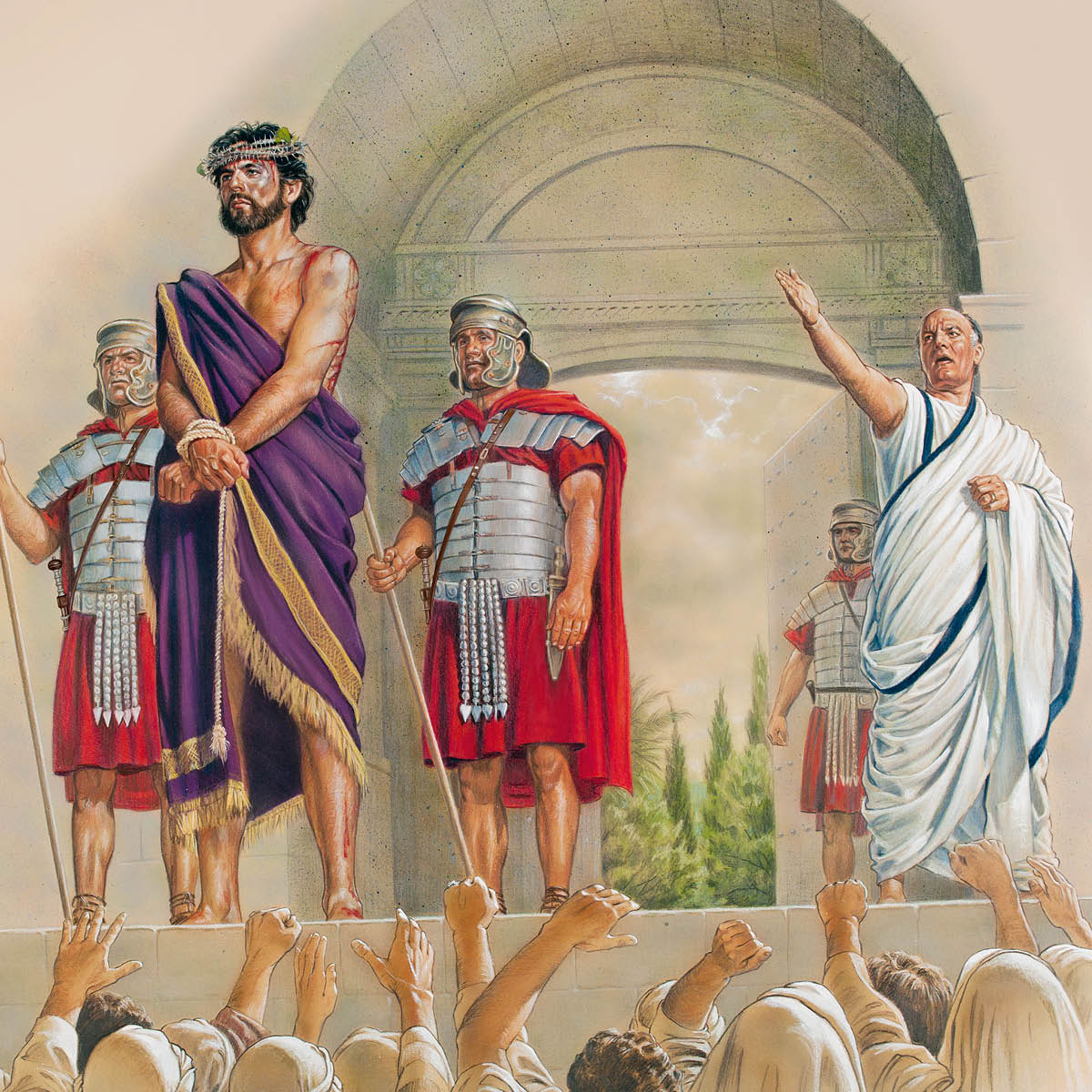 Jesus dra ’n doringkroon en ’n pers kleed terwyl Pilatus hom voor ’n woedende skare laat staan.