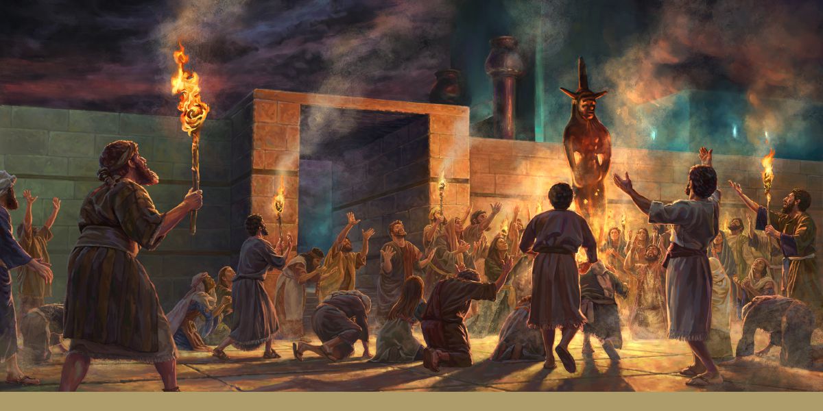 Afvallige Jode aanbid ’n afgodsbeeld in die donker by die noordelike poort van die tempel in Jerusalem.