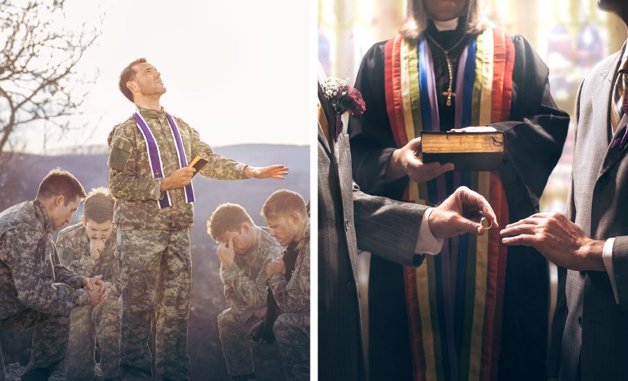 Collage: Die Christendom se sedelike onreinheid. 1. ’n Godsdiensleier seën soldate, terwyl hy ’n Bybel vashou. 2. ’n Vroulike godsdiensleier trou twee gay-mans, terwyl sy ’n Bybel vashou.