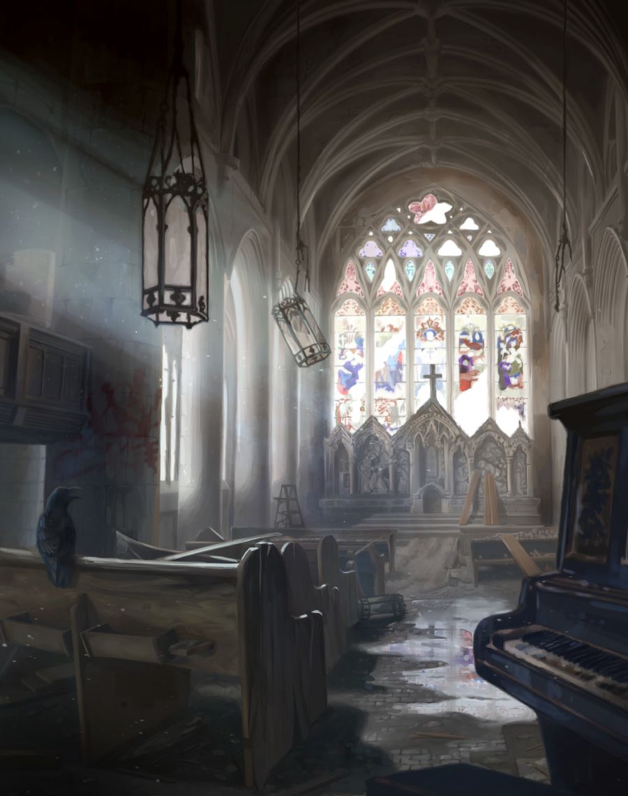Die binnekant van ’n kerk wat verwoes is. Die meubels is gebreek, die vensters en ligte is stukkend geslaan, en daar is graffiti teen die muur.