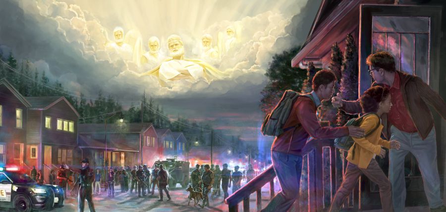 Jesus en die engele kyk vanuit die hemel hoe polisie en militêre soldate ’n gebied omring. ’n Broer help twee ander Getuies om by ’n huis in te gaan.