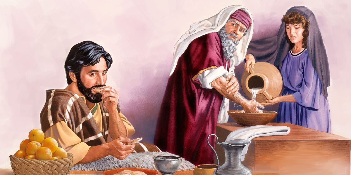 ’n Fariseër was sy hande en kyk krities na ’n man wat reeds begin eet het