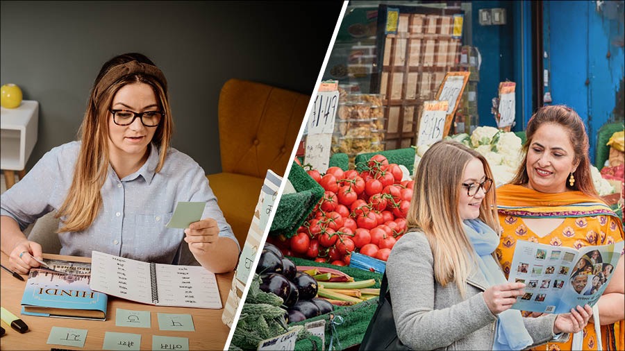 Collage: 1. ’n Suster gebruik flitskaarte en ’n boek om Hindi te leer. 2. Die suster gebruik die ‘Goeie nuus’-brosjure om by ’n mark vir ’n Indiese vrou te getuig.