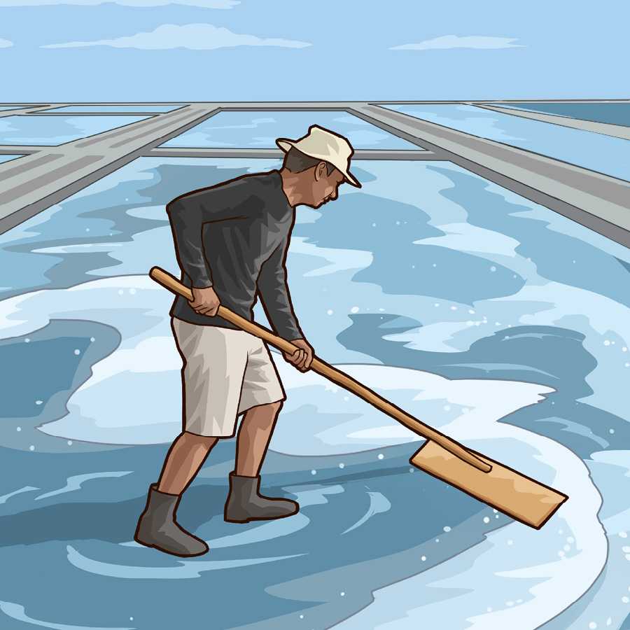 ’n Man kry sout uit seewater wat verdamp het.