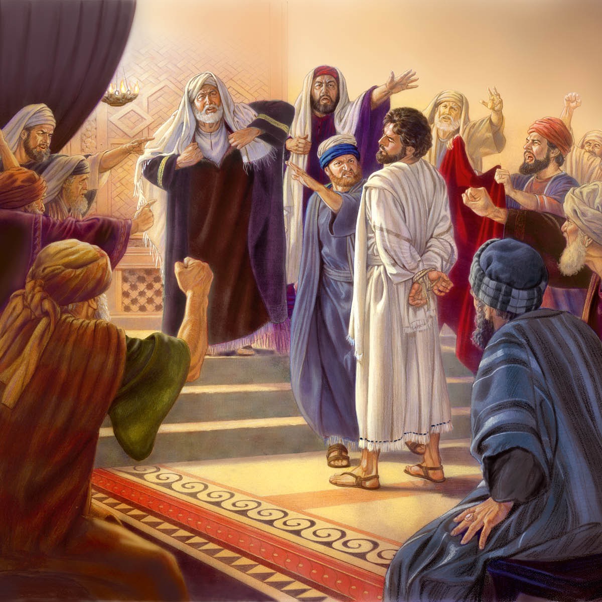 ’n Joodse godsdiensleier klap Jesus in die gesig terwyl lede van die Sanhedrin kyk. Party lede van die Sanhedrin skud hulle vuiste, wys na Jesus en skree op hom.