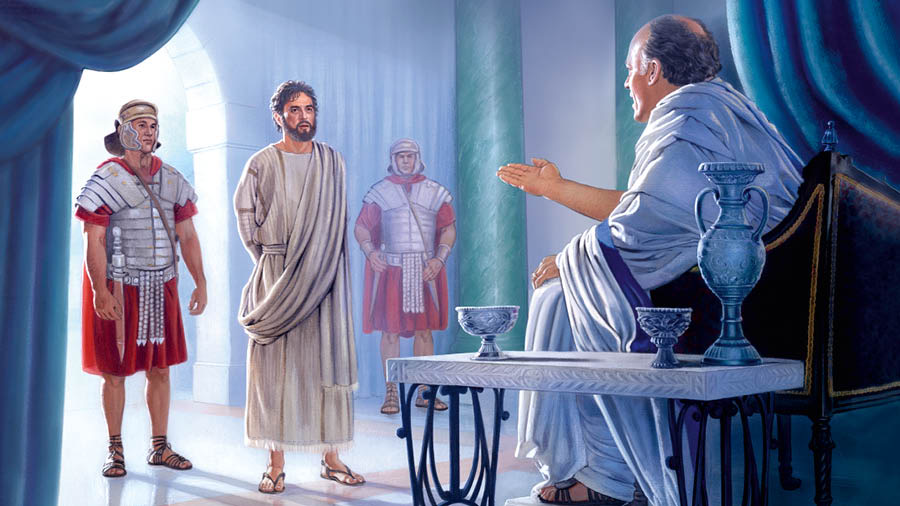 Pontius Pilatus sit en ondervra Jesus, wat vasgebind is en deur twee Romeinse soldate bewaak word.