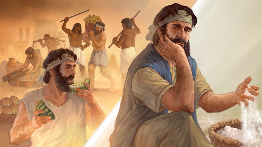 Collage: ’n Israelitiese man dink terug aan die lewe in Egipte terwyl hy manna deur sy vingers sif. 1. Hy eet ’n waatlemoen. 2. Egiptenare slaan en mishandel Israelitiese slawe.