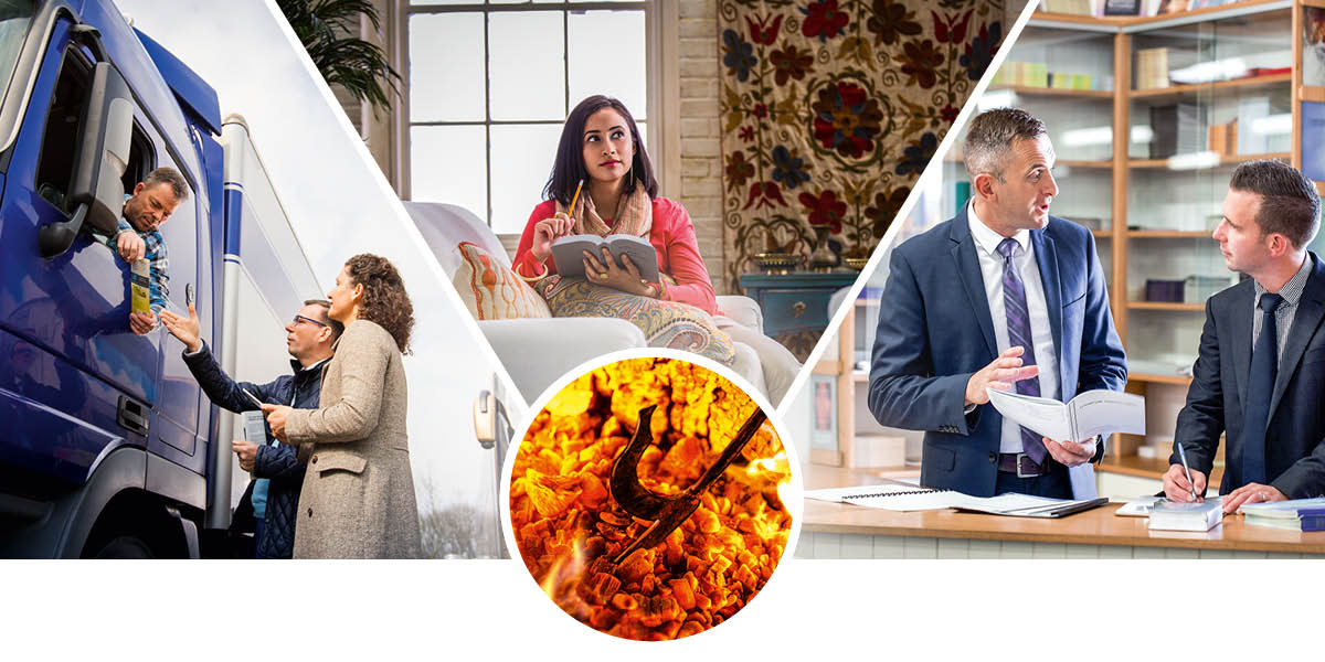 Gloeiende kole word met ’n vuuryster geroer. Collage: Christene wat hulle hart en siel in hulle toewysings sit. 1. ’n Paartjie getuig vir ’n man in ’n trok. 2. ’n Suster dink na oor wat sy in die Bybel gelees het. 3. ’n Ouerman lei ’n jong broer op by die lektuurtoonbank in ’n Koninkryksaal.