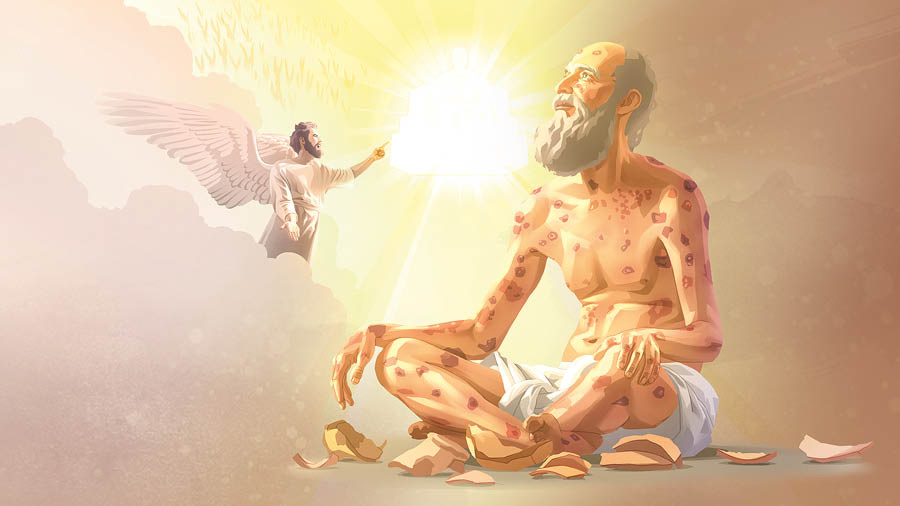 Satan beskuldig Job voor Jehovah. Job sit op die grond met swere oor sy hele liggaam.