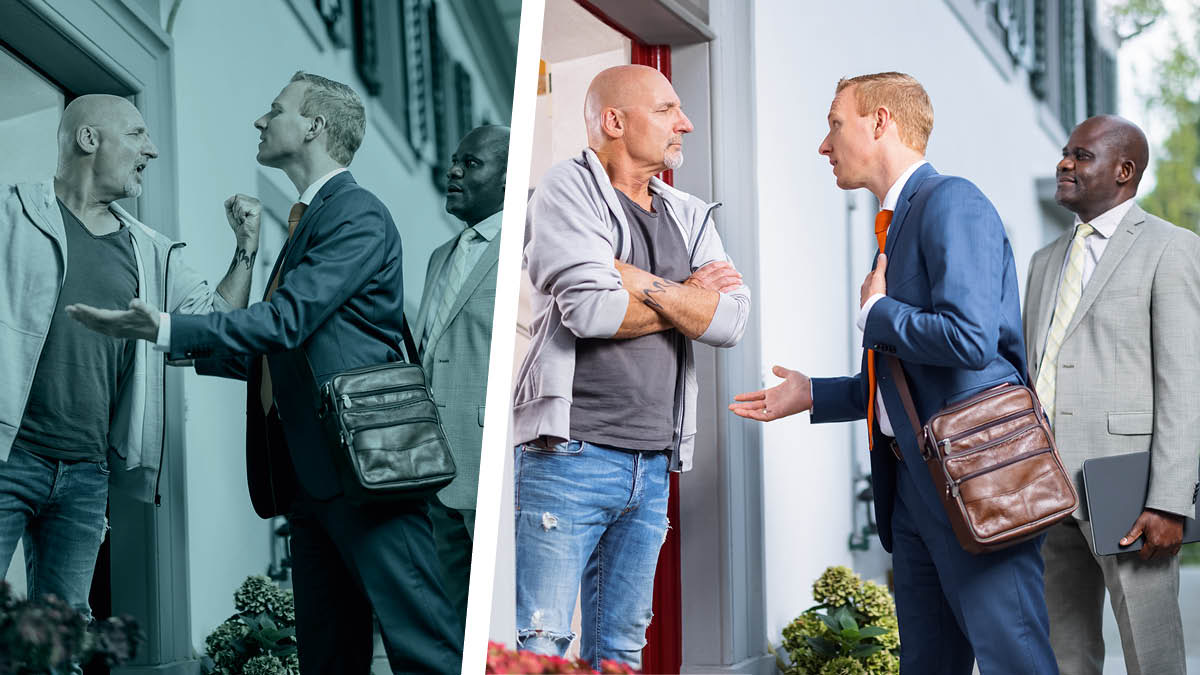 Collage: 1. Die vorige prent van ’n huisbewoner wat kwaad is en ’n broer wat op ’n negatiewe manier reageer. 2. Die broer praat op ’n vriendelike en taktvolle manier met die huisbewoner.
