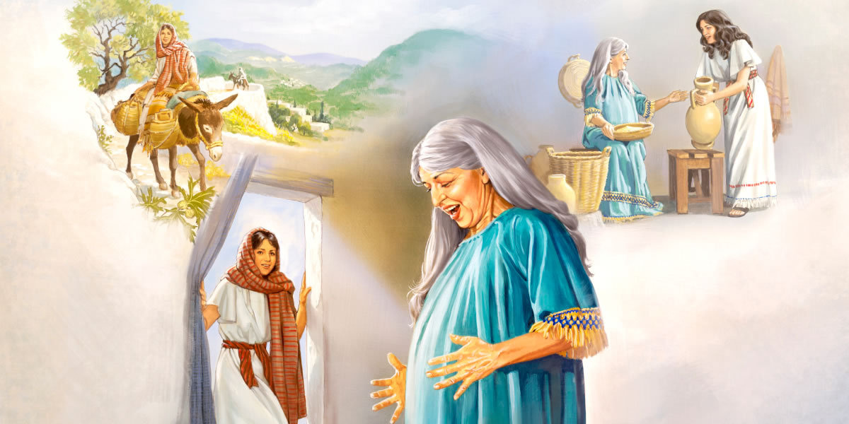 ማርያም በአህያ ላይ ተቀምጣ ስትጓዝ፤ ማርያም ወደ ቤት ስትገባ ኤልሳቤጥ በሆዷ ያለው ሕፃን በደስታ ሲዘል ተሰማት፤ ማርያም ኤልሳቤጥን የቤት ውስጥ ሥራዎች ስታግዛት