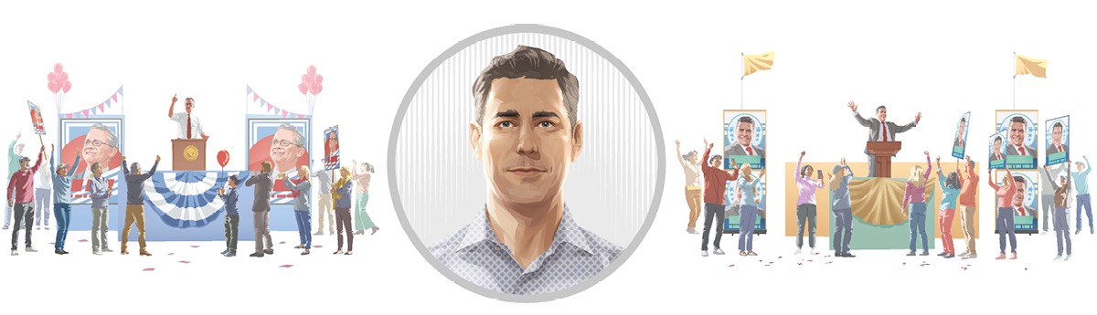 رجل يبقى حياديا.‏ لا ينظر الى المرشحين للانتخابات اللذين يكلمان جمهورهما