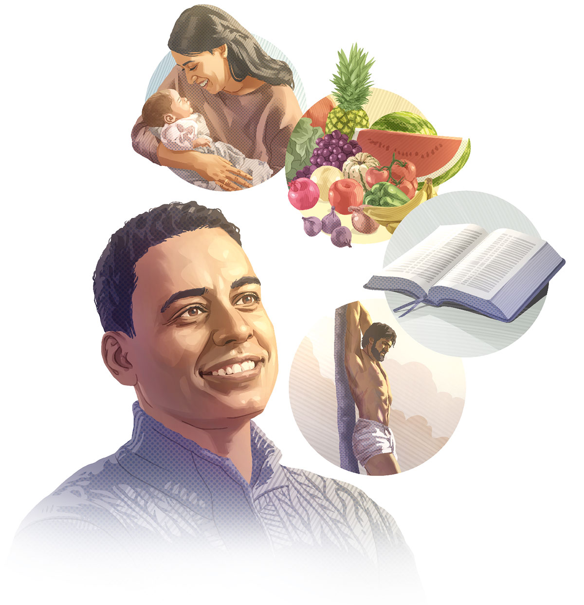 رجل يفكِّر في ما اعطاه اياه اللّٰه:‏ ١-‏ المحبة،‏ مصوَّرة بمحبة الام لطفلها.‏ ٢-‏ الطعام اللذيذ،‏ مصوَّر بتنوع من الخضار والفاكهة.‏ ٣-‏ الكتاب المقدس.‏ ٤-‏ فدية يسوع المسيح