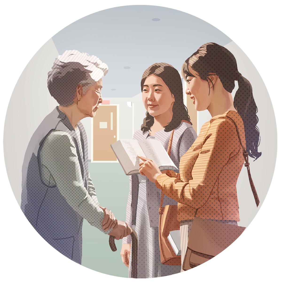 هذه الشابة تُبشِّر امرأة أكبر منها.‏ الاخت التي تدرس معها ترافقها في الخدمة