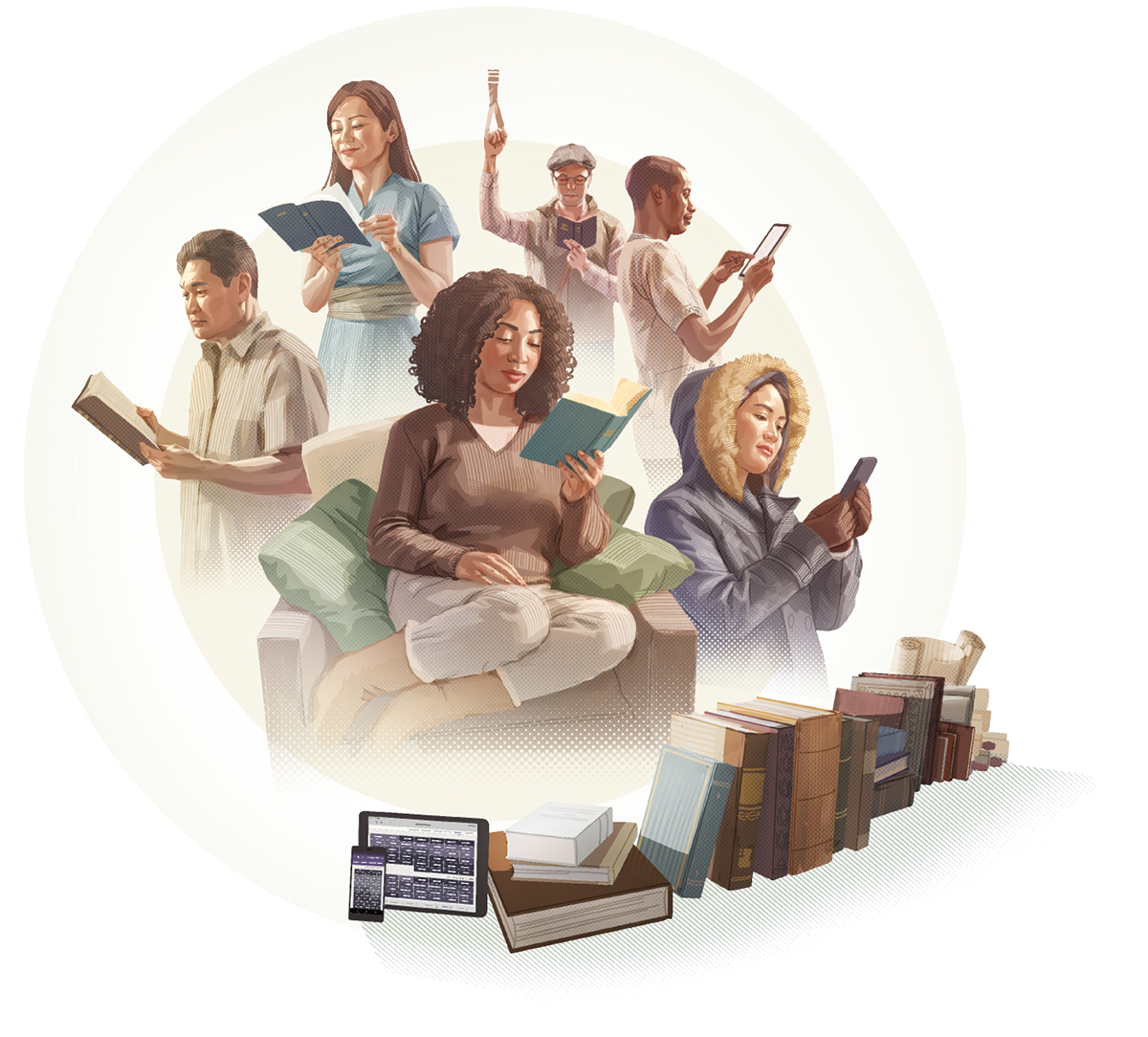 اشخاص من خلفيات وجنسيات عديدة يقرأون الكتاب المقدس بلغتهم