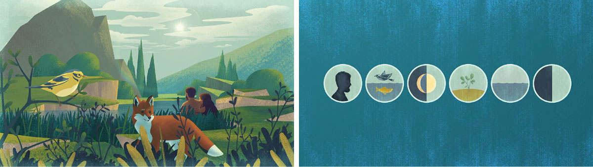 مشهدان من فيديو ‹جزء من هل قصة الخلق حقيقية؟‏›:‏ ١-‏ الايام الخلقية الستة بالنسبة الى شخص يقف على الارض.‏ ٢-‏ في نهاية اليوم الخلقي السادس،‏ تظهر الارض مع الشمس،‏ اليابسة،‏ الماء،‏ النباتات،‏ العصافير،‏ الحيوانات،‏ وأول رجل وامرأة