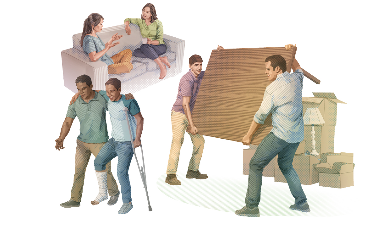 اصدقاء اعزاء يساعدون بعضهم بعضا:‏ ١-‏ شاب يساعد رفيقه كي ينقلا طاولة.‏ ٢-‏ امرأة تفتح قلبها لصديقتها.‏ ٣-‏ شاب يسند صديقا رجله مكسورة ويستعمل عكازة