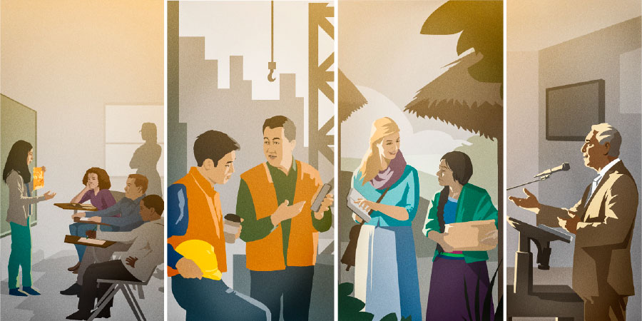 اخ يقدم خطابا؛‏ اخت تبشر؛‏ اخ يبشر زميله في العمل؛‏ شابة تقدم موضوعا امام رفاقها في الصف