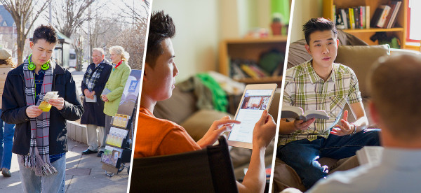 شاب يأخذ نشرة من واجهة متحرِّكة،‏ يزور موقع jw.‎org الالكتروني،‏ ويدرس الكتاب المقدس