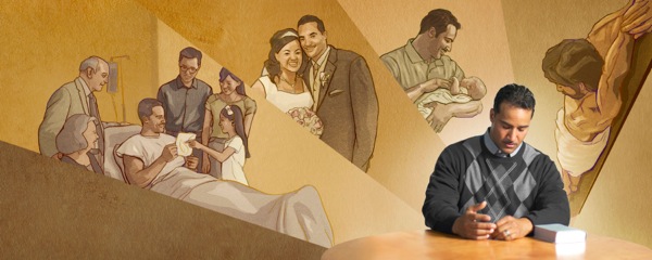 رجل يشكر يهوه في الصلاة على البركات التي ينعم بها،‏ بما في ذلك الفدية،‏ وأولاده،‏ وزوجته،‏ وأصدقاؤه