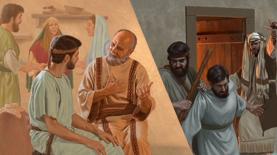 ١-‏ بولس حين كان فريسيا،‏ يسجن احد الاخوة.‏ ٢-‏ بولس حين صار مسيحيا،‏ يشجع اخا شابا