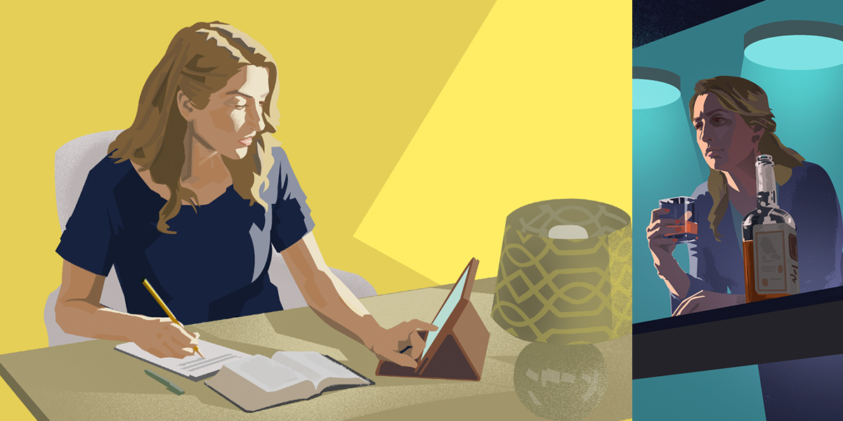 امرأة تسرف في شرب الكحول،‏ ثم تتأمل في مبادئ الكتاب المقدس