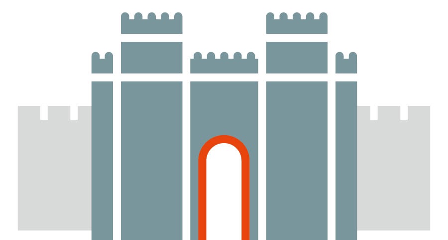 رسم صغير لأسوار بابل وإحدى بواباتها مفتوحة