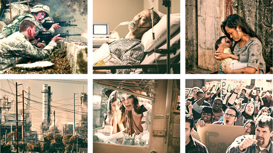 نتائج حكم البشر:‏ ١-‏ امرأة آسيوية تجلس في شارع وسخ وهي تحمل طفلها الذي يبكي.‏ ٢-‏ رجل عجوز نائم على سرير في المستشفى.‏ ٣-‏ جنود يطلقون النار في معركة.‏ ٤-‏ محتجون غاضبون يصرخون حاملين لافتات.‏ ٥-‏ امرأة وبنتها واقفتان امام منزلهما،‏ وقد اكتشفتا ان زجاج باب المدخل مكسور.‏ ٦-‏ مدينة مليئة بالمصانع وأسلاك الكهرباء ويغطيها دخان المصانع.‏