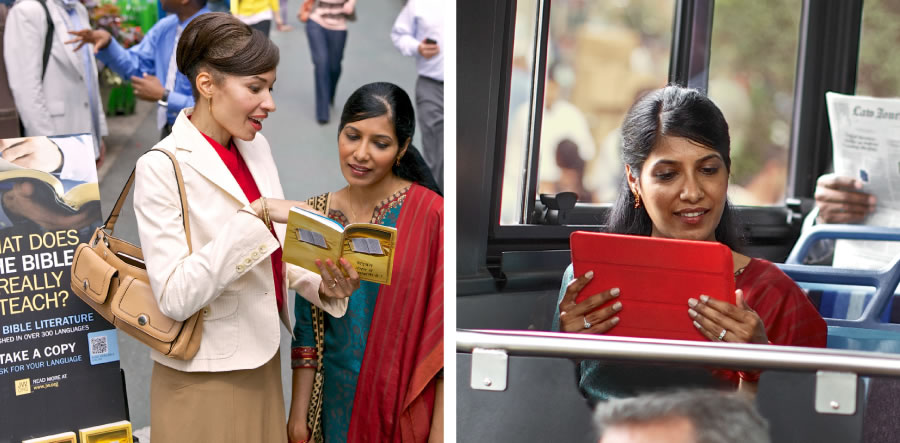 1. A Christian sister in metropolitan witnessing shares Bible truths with a woman; 2. The same woman uses her mobile device to read a Bible publication later