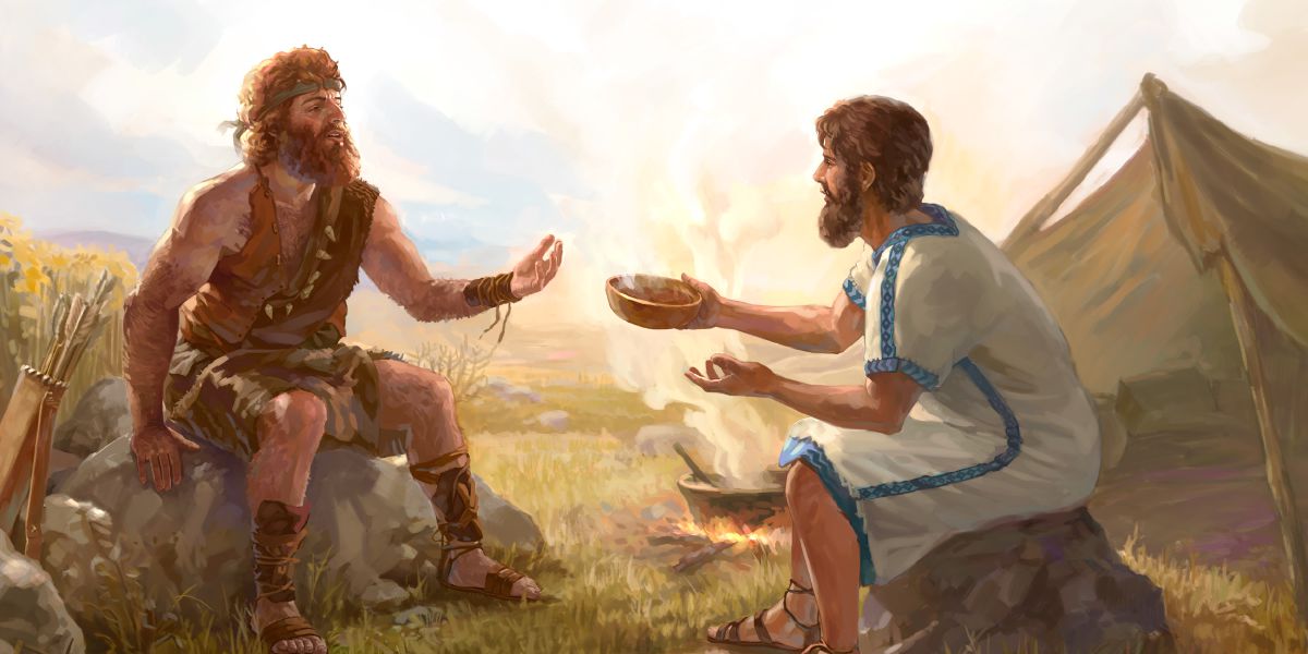 Jacob gives Esau a bowl of stew in exchange for his birthright