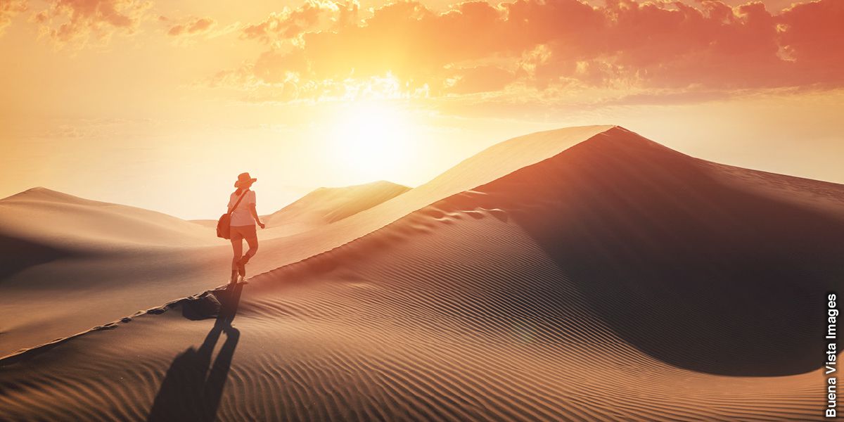 A person walks across a desert