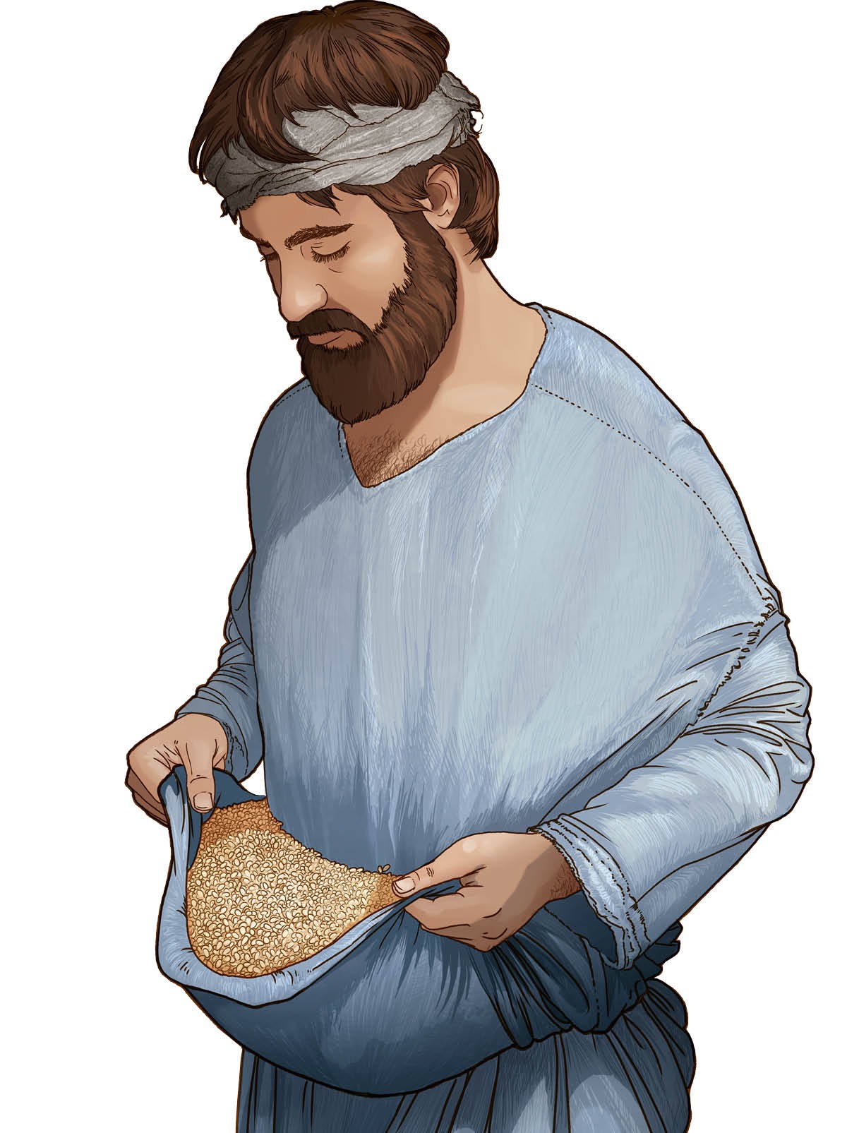 A man in Bible times with grain in the fold of his garment