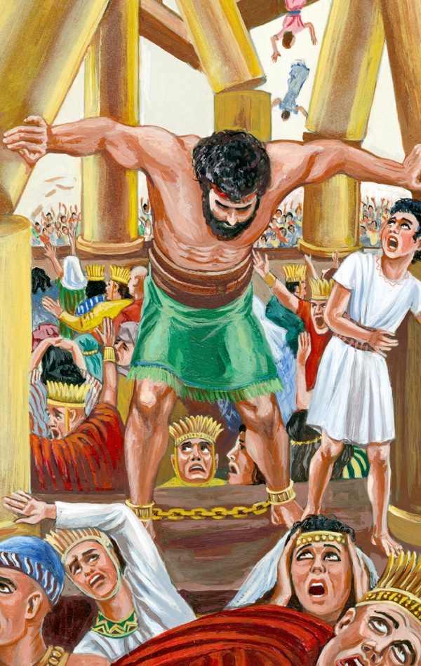 Samson pushes against the pillars so that the building falls down on the Philistines