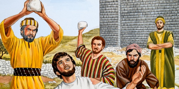 Stephen praying as he is being stoned by angry men